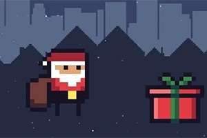 Pikselkonst med jultomte och en röd julklapp framför en stadssilhuett