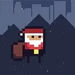 Pikselkonst med jultomte och en röd julklapp framför en stadssilhuett