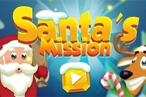 Jultomten och en ren med en godiskäpp bredvid texten Santas Mission på en blå bakgrund