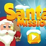 Jultomten och en ren med en godiskäpp bredvid texten Santas Mission på en blå bakgrund