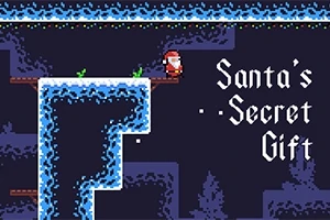 En pixlad jultomte står på en snötäckt plattform i en mörk, grottliknande värld med texten Santas Secret Gift bredvid