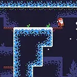 En pixlad jultomte står på en snötäckt plattform i en mörk, grottliknande värld med texten Santas Secret Gift bredvid