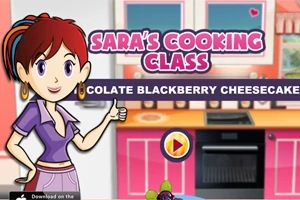 Tecknad kvinna i kök med texten SARAS COOKING CLASS och CHOCOLATE BLACKBERRY CHEESECAKE