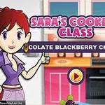 Tecknad kvinna i kök med texten SARAS COOKING CLASS och CHOCOLATE BLACKBERRY CHEESECAKE