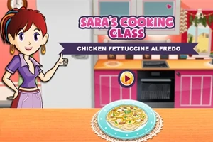 Kvinna i tecknad stil i ett kök med en tallrik pasta fettuccine Alfredo på en bänk