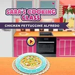 Kvinna i tecknad stil i ett kök med en tallrik pasta fettuccine Alfredo på en bänk