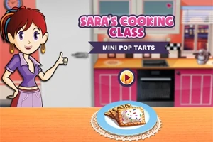 Tecknad kvinna i kök med orange bänk, ugn och tallrik med bakverk, samt text som säger Saras Cooking Class