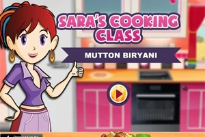 Tecknad karaktär i ett kök med texten Saras Cooking Class och Mutton Biryani samt en spelknapp