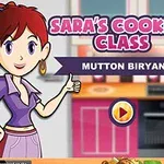 Tecknad karaktär i ett kök med texten Saras Cooking Class och Mutton Biryani samt en spelknapp
