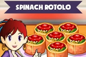 Tecknad figur ger tummen upp framför sex portioner av en maträtt kallad Spinach Rotolo