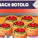 Tecknad figur ger tummen upp framför sex portioner av en maträtt kallad Spinach Rotolo