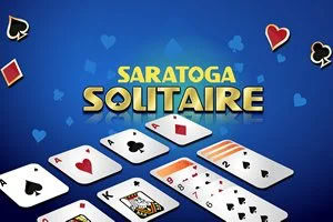 Kortlek ikoner och spelet Saratoga Solitaire på en blå bakgrund