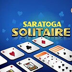 Kortlek ikoner och spelet Saratoga Solitaire på en blå bakgrund
