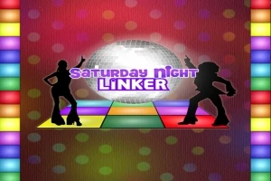 Silhuetter av dansande personer framför en discokula och färgglad dansmatta med texten Saturday Night Linker