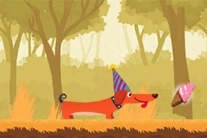 En tecknad hund med partyhatt i en skog smyger sig mot en glass med rosa topping
