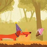 En tecknad hund med partyhatt i en skog smyger sig mot en glass med rosa topping