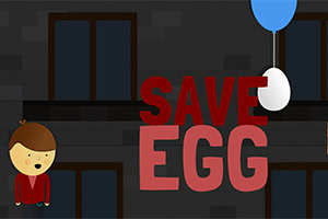 Tecknad figur i röd tröja bredvid texten SAVE EGG på en mörk bakgrund med ett ägg som hänger från en blå ballong