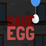 Tecknad figur i röd tröja bredvid texten SAVE EGG på en mörk bakgrund med ett ägg som hänger från en blå ballong