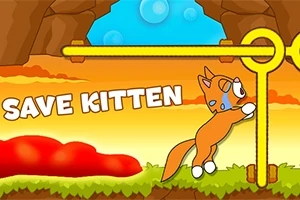 Tecknad katt bredvid en gul grind med texten SAVE KITTEN i en färgglad miljö