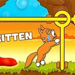 Tecknad katt bredvid en gul grind med texten SAVE KITTEN i en färgglad miljö