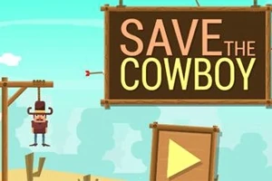 En tecknad cowboy hänger upp och ner bredvid en skylt med texten SAVE THE COWBOY och en stor spelknapp syns i förgrunden