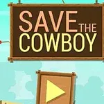 En tecknad cowboy hänger upp och ner bredvid en skylt med texten SAVE THE COWBOY och en stor spelknapp syns i förgrunden