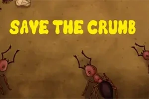 Texten SAVE THE CRUMB i gula bokstäver ovanför tecknade myror på en brun bakgrund
