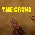 Texten SAVE THE CRUMB i gula bokstäver ovanför tecknade myror på en brun bakgrund