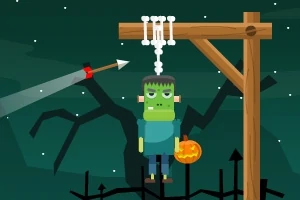 Frankenstein-liknande figur hängande i en snara, med ett pumpalykta bredvid och en pil som flyger mot repet på en mörk bakgrund