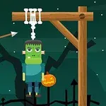 Frankenstein-liknande figur hängande i en snara, med ett pumpalykta bredvid och en pil som flyger mot repet på en mörk bakgrund