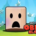 Ett tecknat fyrkantigt ansikte med ett förvånat uttryck omgiven av flygande insekter och träd i bakgrunden samt texten Save the Obby Blox