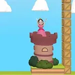 En prinsessa i rosa klänning står på ett torn bredvid en stapel med trälådor mot en blå himmel med moln