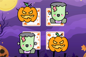 Tecknade pumpor och Frankenstein-liknande figurer framför spelkort mot en lila bakgrund med månljus och halloween-tema