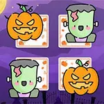 Tecknade pumpor och Frankenstein-liknande figurer framför spelkort mot en lila bakgrund med månljus och halloween-tema