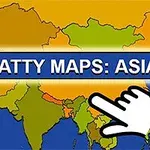 Karta över Asien med färgglada länder och texten SCATTY MAPS: ASIA med en pekande hand