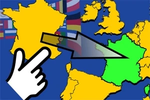 Karta med länder i Europa, en vit handikon och en pil som pekar mot ett grönmarkerat land