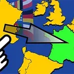 Karta med länder i Europa, en vit handikon och en pil som pekar mot ett grönmarkerat land