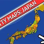 Karta över Japan med färgade prefekturer och en handpekare, mot en blå bakgrund med texten Scatty Maps: Japan i ett rött band