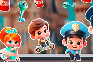 Tecknade figurer, inklusive en pojke på en sparkcykel och en flicka i klänning, står bredvid en polis, omgivna av flytande nycklar och souvenirer