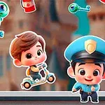 Tecknade figurer, inklusive en pojke på en sparkcykel och en flicka i klänning, står bredvid en polis, omgivna av flytande nycklar och souvenirer