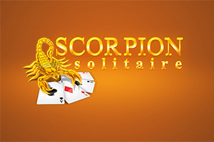 En gul skorpion ovanpå spelkort med texten SCORPION solitaire mot en orange bakgrund