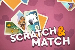 Flera färgglada bilder på djur mot en rosa bakgrund med texten Scratch & Match