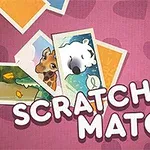 Flera färgglada bilder på djur mot en rosa bakgrund med texten Scratch & Match