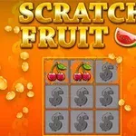 Gul-orange bakgrund med ordet Scratch Fruit och ett skraplottsraster med körsbär och pengasymboler