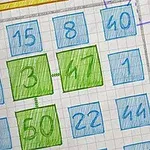 Ett rutnät av blå och gröna numrerade fyrkanter på millimeterpapper