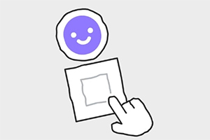 En enkel illustration med ett lila smileyansikte ovanför en ruta som en tecknad hand pekar på