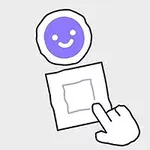En enkel illustration med ett lila smileyansikte ovanför en ruta som en tecknad hand pekar på