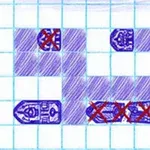 Ritats gridpapper med blå och lila skrafferingar och flera små ritade skepp, några med röda kors över sig