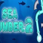 Tecknad undervattensscen med fiskar, hajar och rör med texten Sea Plumber 2