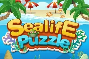 Tecknad strandscen med parasoller, palmer och dekorerad text med orden Sealife Puzzle